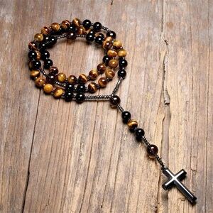 Men's Black and Brown Beaded Necklace with Cross Pendant